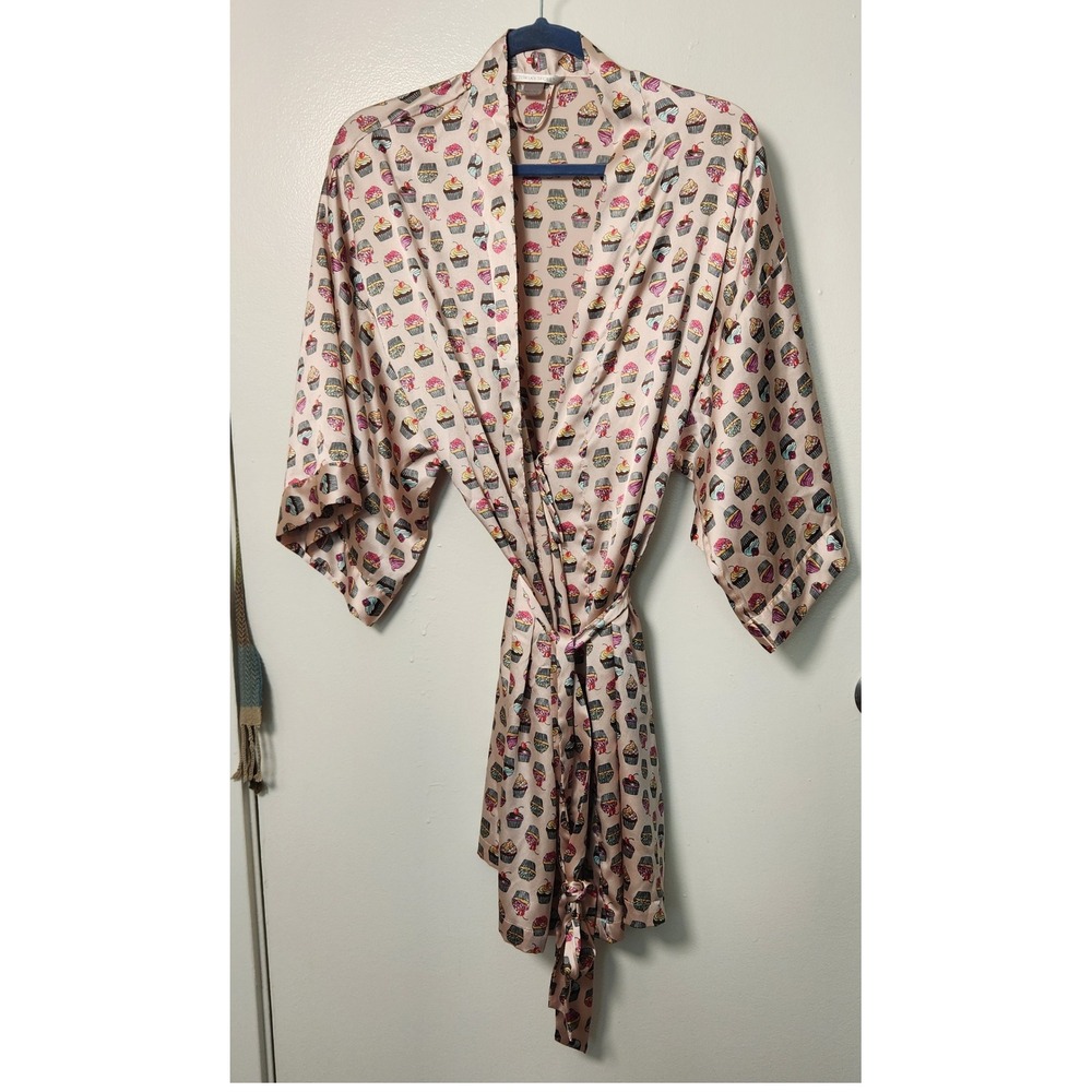 Victoria's Secret Limited Edition Pink Cupcake Graphic Satin Kimono Robe M/L